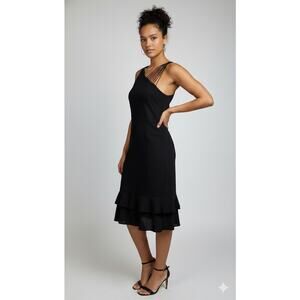 Vtge Cocktail dress sz12 black poly/crepe double flounce Joneswear pullon90'sY2K